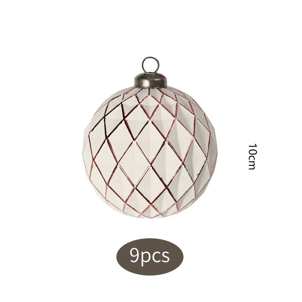 9pcs Cream Christmas Ornaments 10cm Plaid Ball Set European Style Hand Painted Quilted Polystyrene Hanging Decor For Tree Wreath
