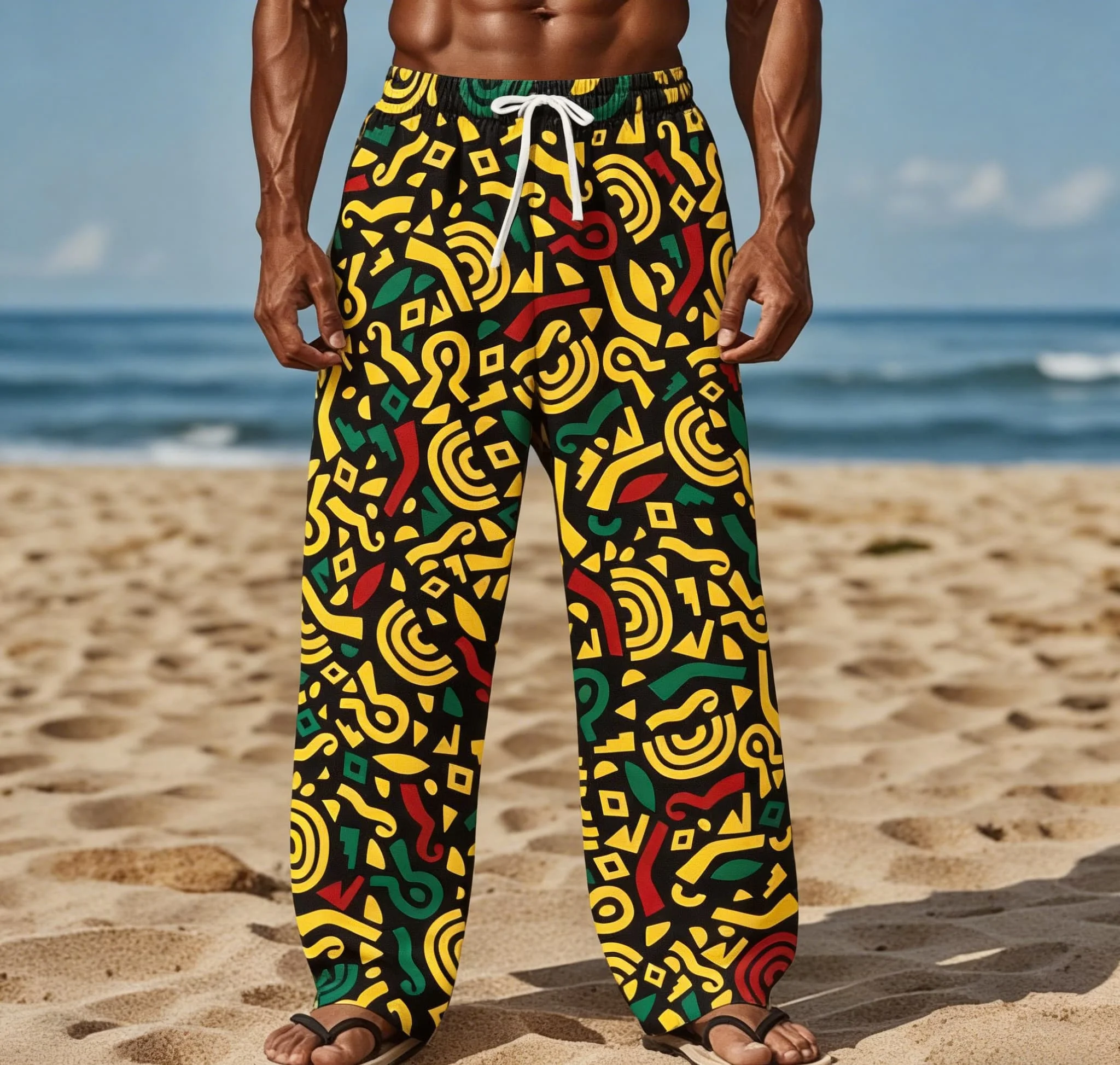 Herren Sommerhose im neuen Stil, afrikanischer Totem-Print, weites Bein, gerader Schnitt, lockere Passform, Strandurlaubs-Stil – Detail 6