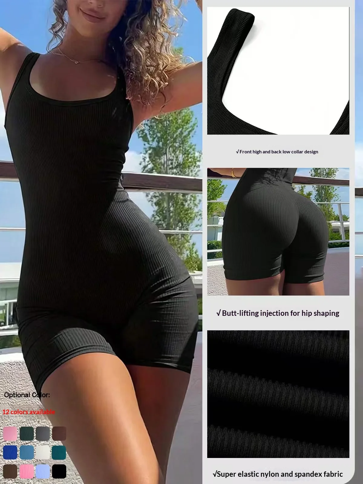 Seamless Ribbed Yoga Bodysuit with Shorts & Straps, One Piece Workout Leotard for Women, High Waisted Gym Unitard for Pilates