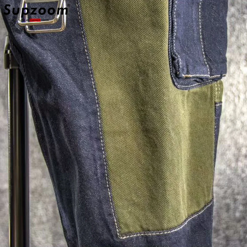 Supzoom Barang Baru Diskon Besar Mode Atasan Musim Gugur Ritsleting Terbang Stonewashed Kasual Patchwork Kargo Denim Kantong Celana Jeans Katun Pria