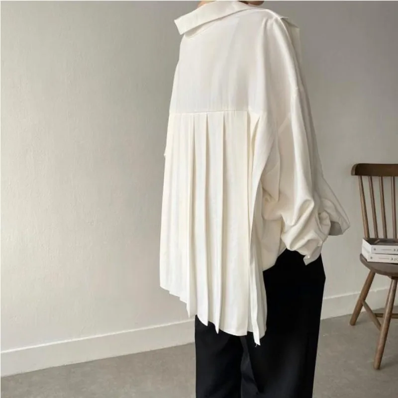 

Vintage Women Shirts Pleated Ruffles Lapel Single Breasted Ruched Loose Blouses Y2K Autumn Elegant Office Ladies Tops Spring