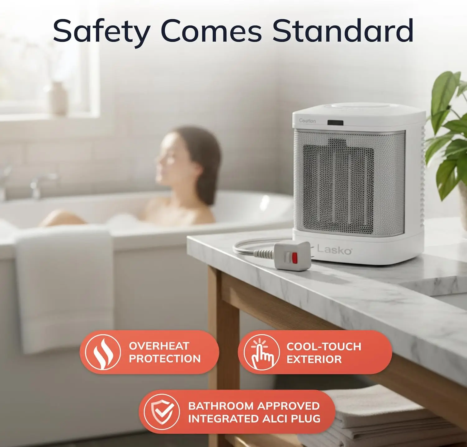 Portable Electric Ceramic Space Heater with ALCI Plug for Bathroom Use, 2 Heat Settings and Simple Heat Button, 8 Inches