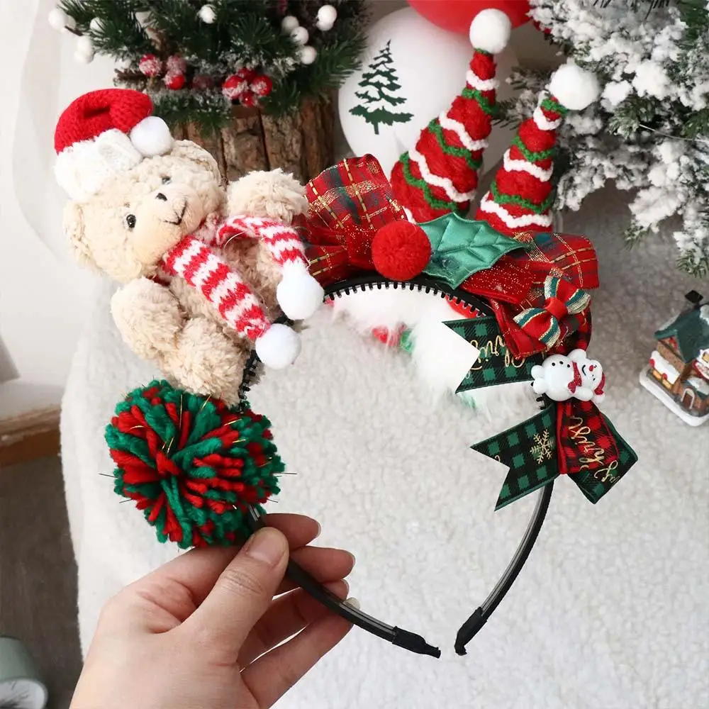 Decoración navideña, diadema navideña, aro para el pelo de alce de Papá Noel, diadema con astas, aro para el pelo con lazo rojo, banda para el pelo con lazo de felpa para niña