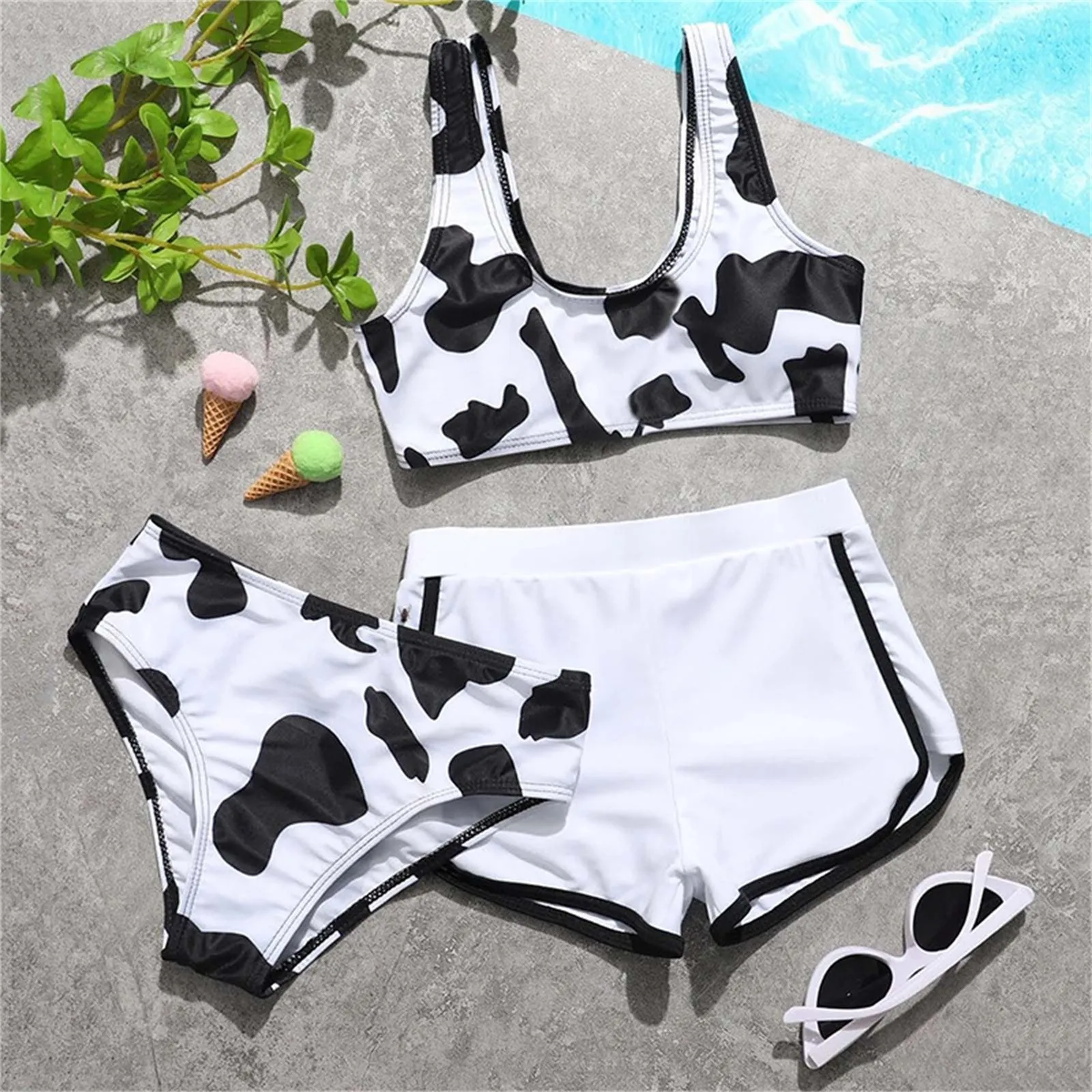 Summer Swimwear Baby Girl Outfits Cow Print Suspender Swimwear Summer Shorts 3pcs Bikini Swimsuit купальник женский