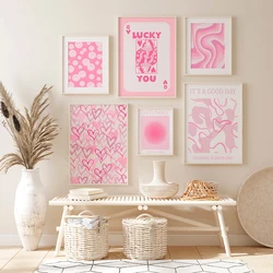 Blush Pink Canvas Painting Aesthetic Poster Cute Trendy Vanilla Girl Smiley Heart Wave Luck You Print Wall Art Preppy Room Decor