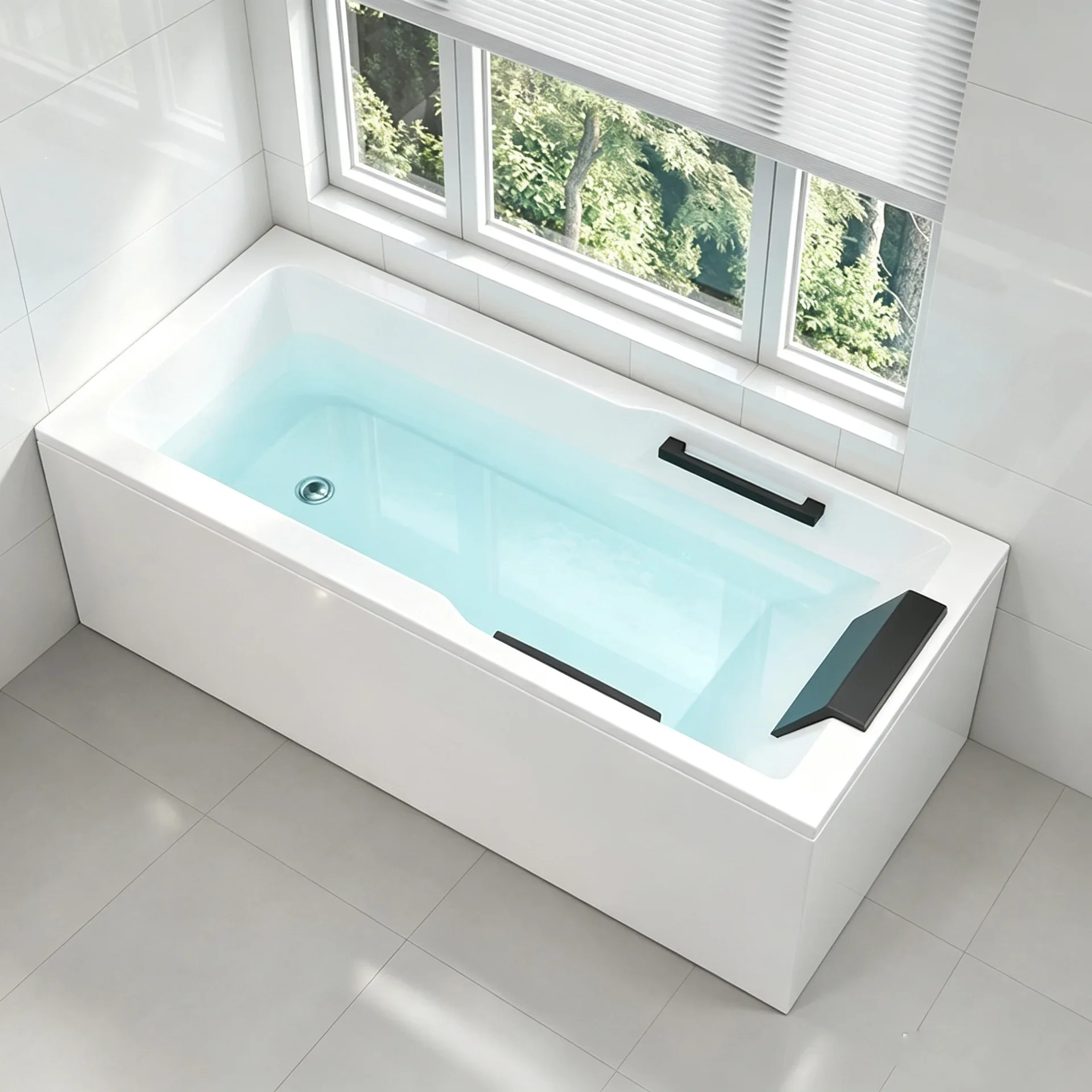 #Rectangular Modern Smart Thermostatic Bathtub, Jetted Massage, Waterfall, LED Lights, Multifunctional for Home and Hotel Use