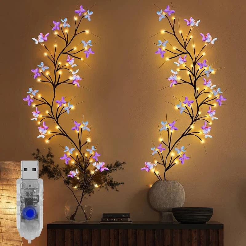 48LED Tree Branch Lamp Bedroom Wall Decoration Willow Vine Tree Light Strip 8 Lighting Modes DIY Atmosphere Light Home Lighting