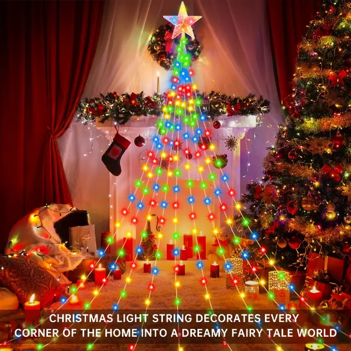 USB/Solar Christmas Tree Lights String Outdoor/Indoor Star Waterfall Lights 8 Modes for Party Halloween Christmas Festive Decor