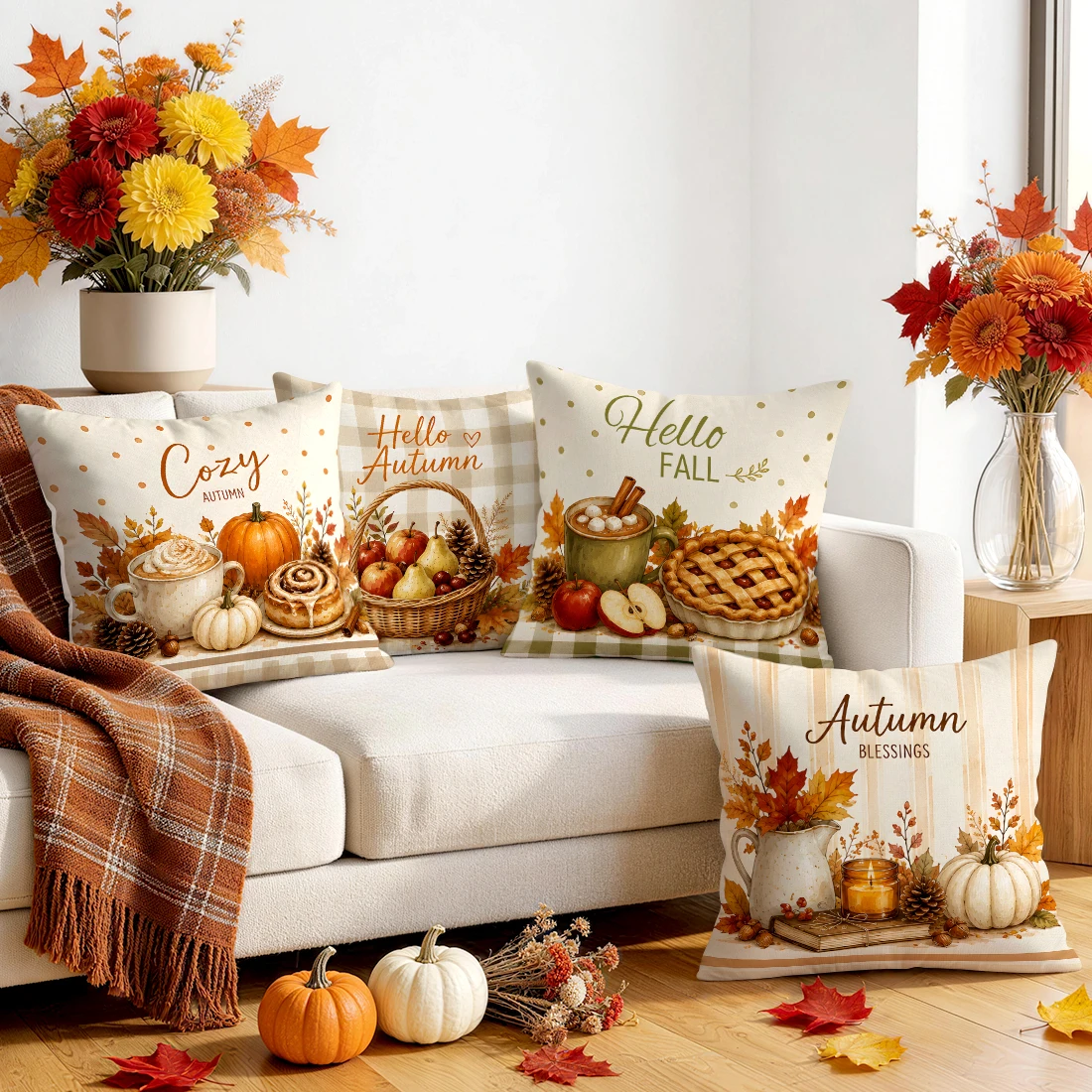 Autumn Dessert Fruit Vegetable Plaid Cushions Pillowcase Polyester Cushion Cover Throw Pillow Pillowcover Home Car Sofa Decor