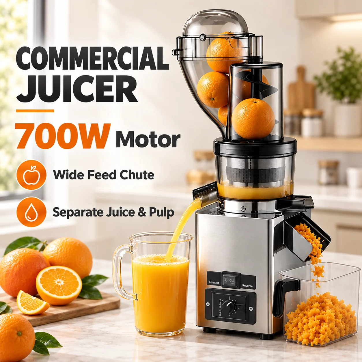 700W Commercial Slow Juicer, Stainless Steel Body, 160mm Wide Feed Chute, Juice and Pulp Separation for Juice Bars