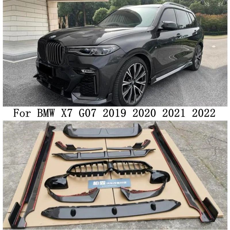 For BMW X7 G07 2019 20 2021 2022 Front Rear Diffuser Bumper Lip Body Side Skirt kit Spoiler Grill High Quality ABS Bright Black