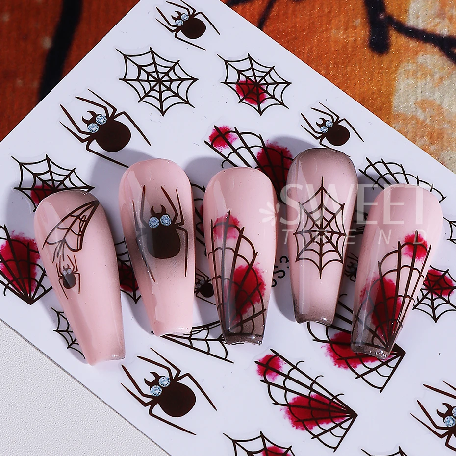 3 pçs halloween aranha web adesivos de unhas 3d auto adesivo dos desenhos animados fantasma aranha morcego abóbora decalques de unhas diy manicure decoração