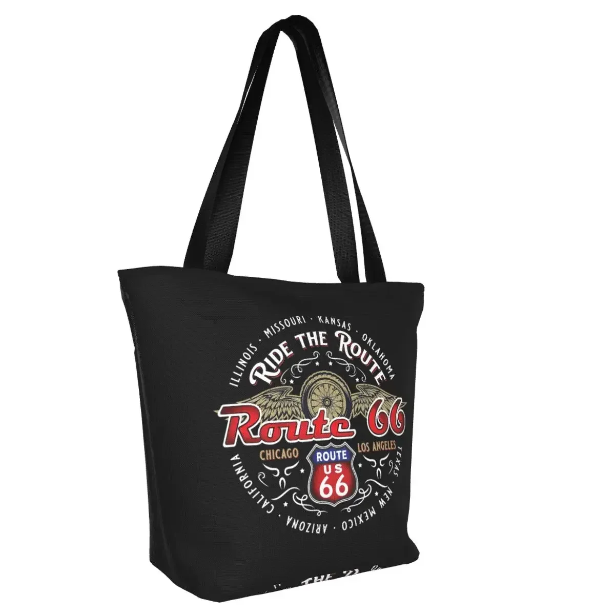 Custom Ride The Route 66 Shopping Canvas Bags Women Portable Grocery Biker Motorcycle Cruise America's Highway Shopper Tote Bags