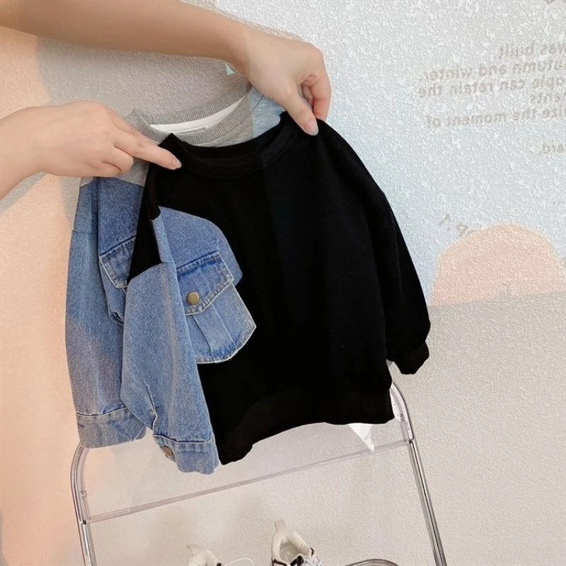 Korean Style Denim Patchwork Sleeve Loose Pullover Hoodie Spring New Arrival Kids Boys Girls Casual Sweatshirt