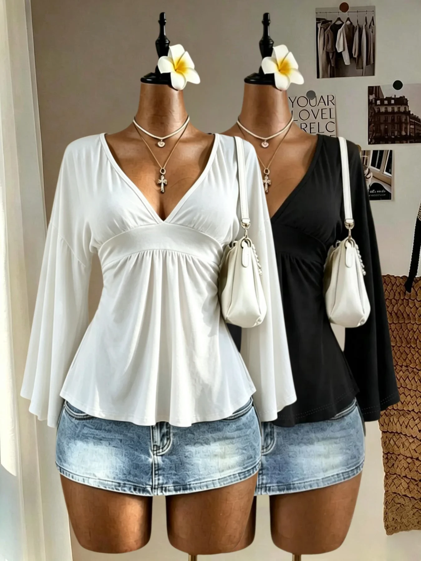 2Pcs Women Deep V‑Neck Bell Flare Sleeve Peplum Blouse Set Empire Waist Loose Swing Hem Casual Two‑Piece Outfit Daily Tops