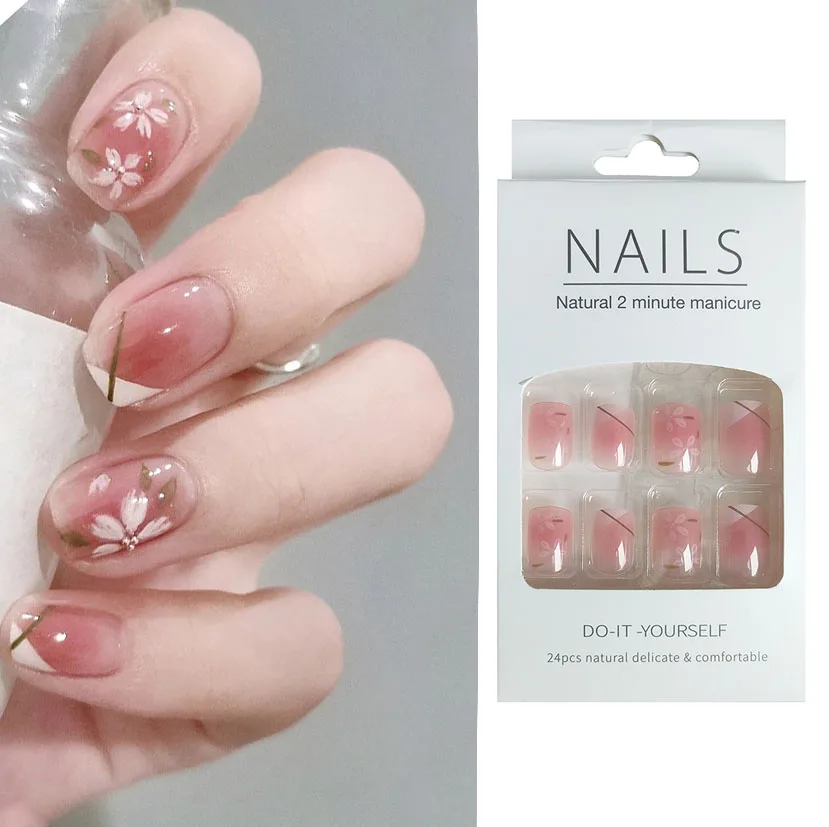 24 teile/schachtel Frühling Stil Acryl drücken auf Nägel Französisch Nagels pitzen volle Abdeckung Blumen blatt falsche künstliche Nägel