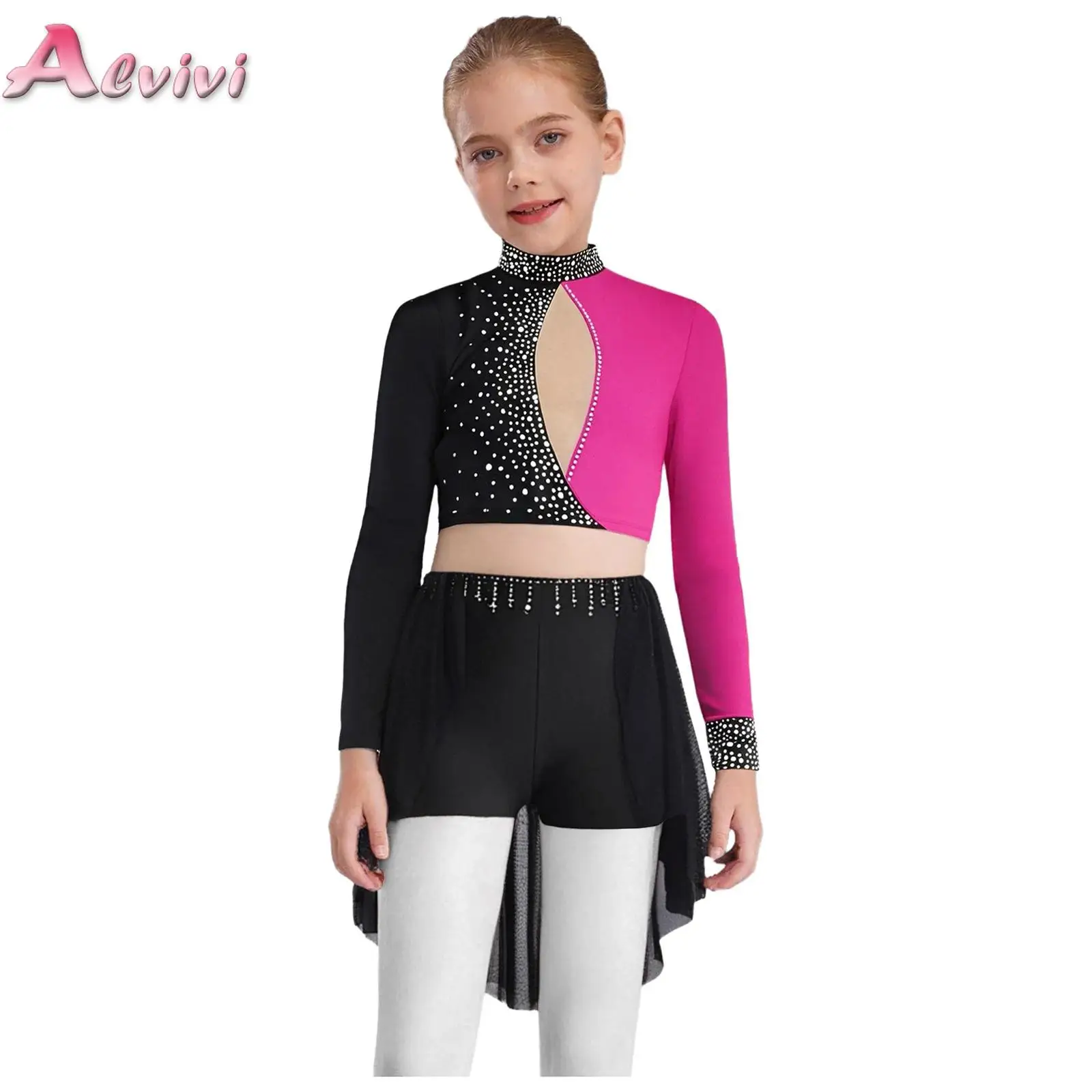 

2Pcs Set Girls Lyrical Modern Dance Outfits Jazz Ballet Gymnastic Dancewear Crop Top and Skirt Rhinestone Dancer Stage Costume