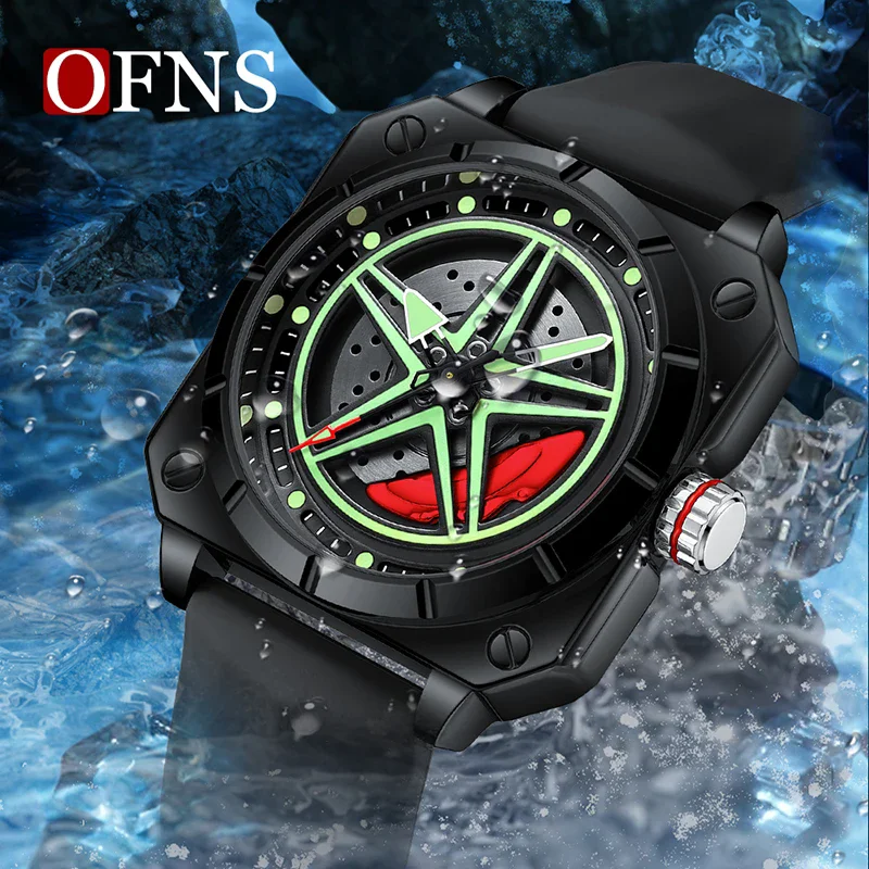 OFNS 8017 New Fashion Men's Square Quartz Watch Trendy Rotating Pentagram Waterproof Luminous Sports Wristwatch