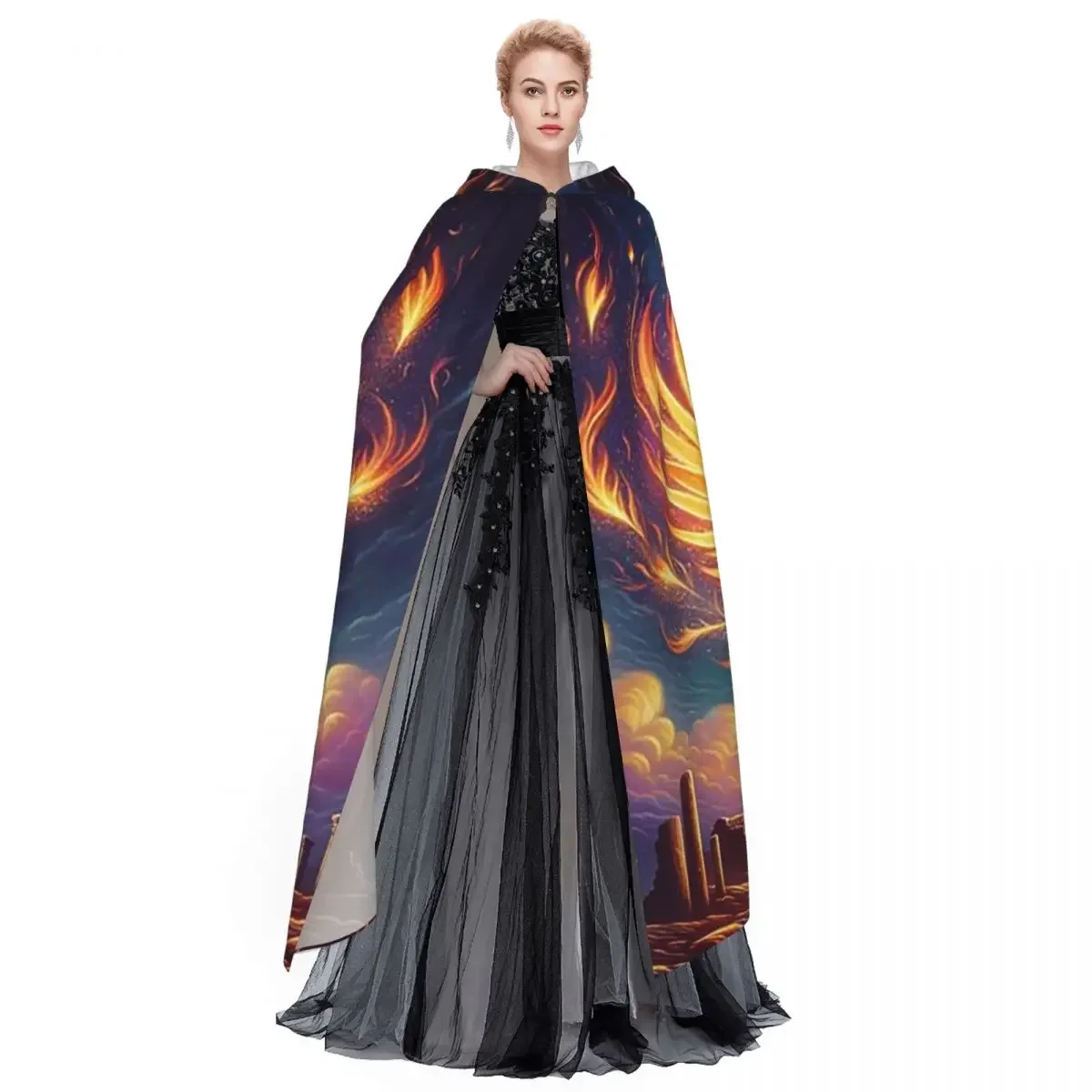 Custom Phoenix Mythical Bird With Fiery Wings Long Hooded Cloak Witch Medieval Costume Cosplay Cape HalloweenVampire Adult Unise