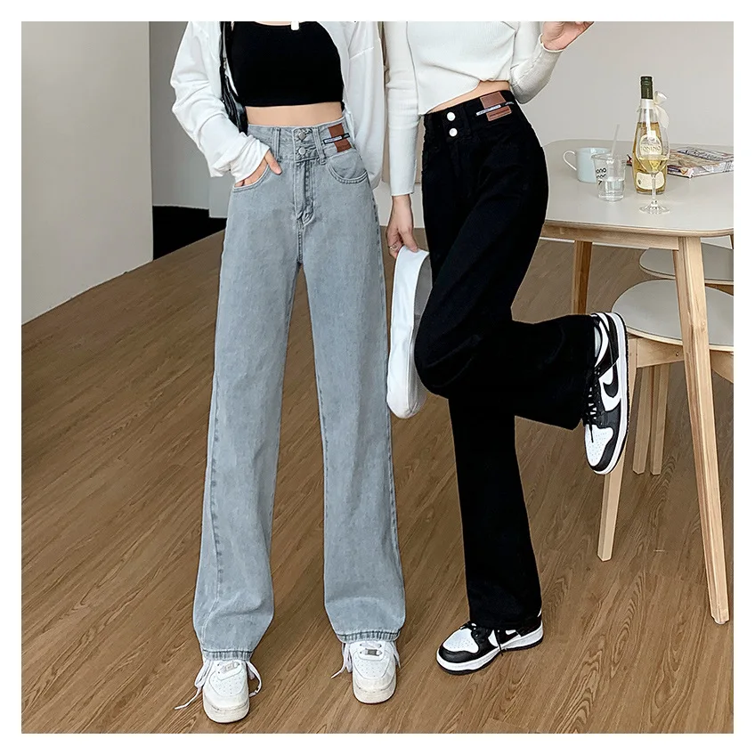 สูงเอวตรงกางเกงยีนส์ผู้หญิงล้าง Jean DENIM กางเกงยาวหลวมกระเป๋า Casual Distressed Zipper Fly ฤดูใบไม้ผลิแบน