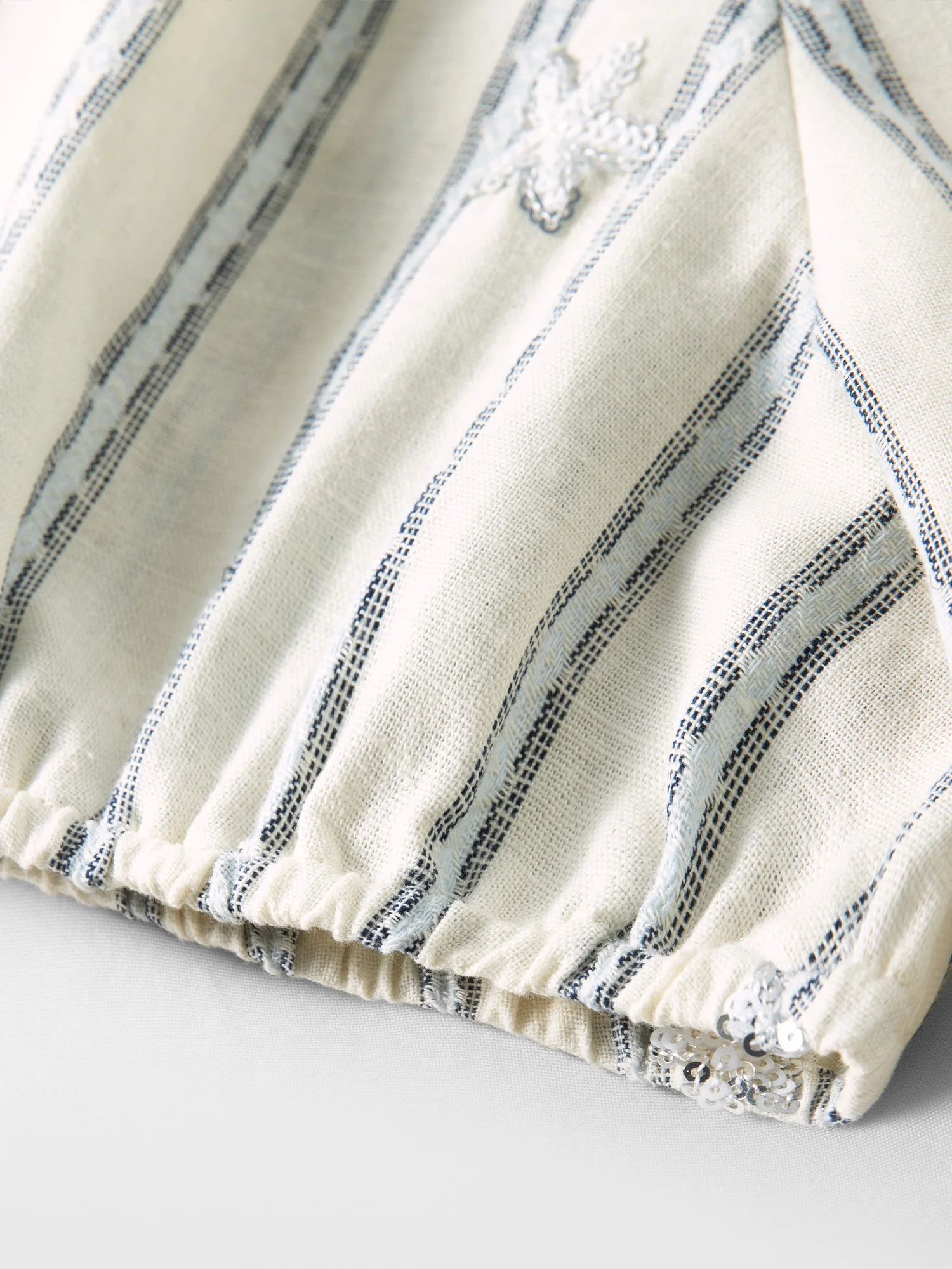 DUSHU 2026 Neue Sommer Damen Bluse mit Streifenmuster und V-Ausschnitt, Kurzarm, Perlenbesetztes Leinen-Baumwoll-Oberteil für einen koketten & entspannten Alltagsstil – Detail 9