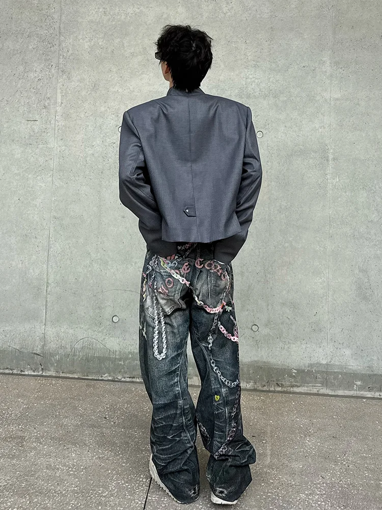 

Waed Chains Print Wide Leg Jeans Men Women High Street Sle Faded Straight Cut Loose Fit Casual Cotton Polyester Blend