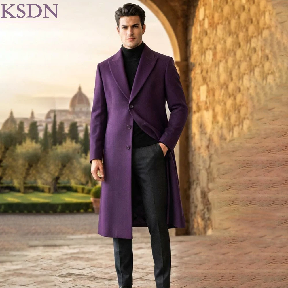 Daily Men's Trench Coat Suits Formal Business Single Breasted Long Jacket Formal Event Peak Lapel 2 Piece Wool Coat Black Pants