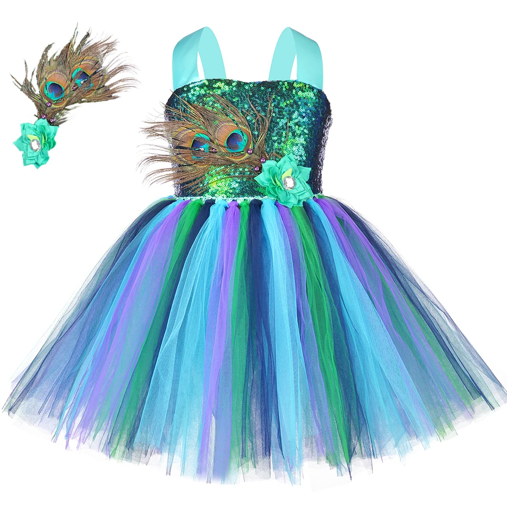 Sequins Peacock Dresses for Girls Halloween Christmas Costumes Kids Glittery Birthday Ballet Tutus with Flower Feathers Hairpin