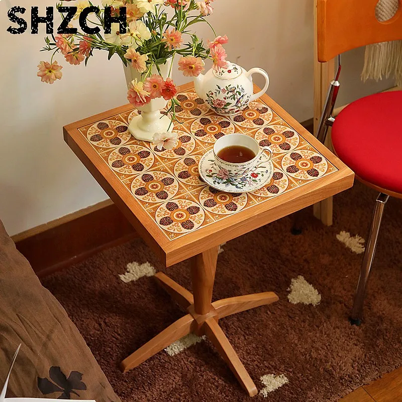 Vintage Cherry Wood Side Table Nordic Square Tea Table with Floral Mosaic Round Coffee Accent