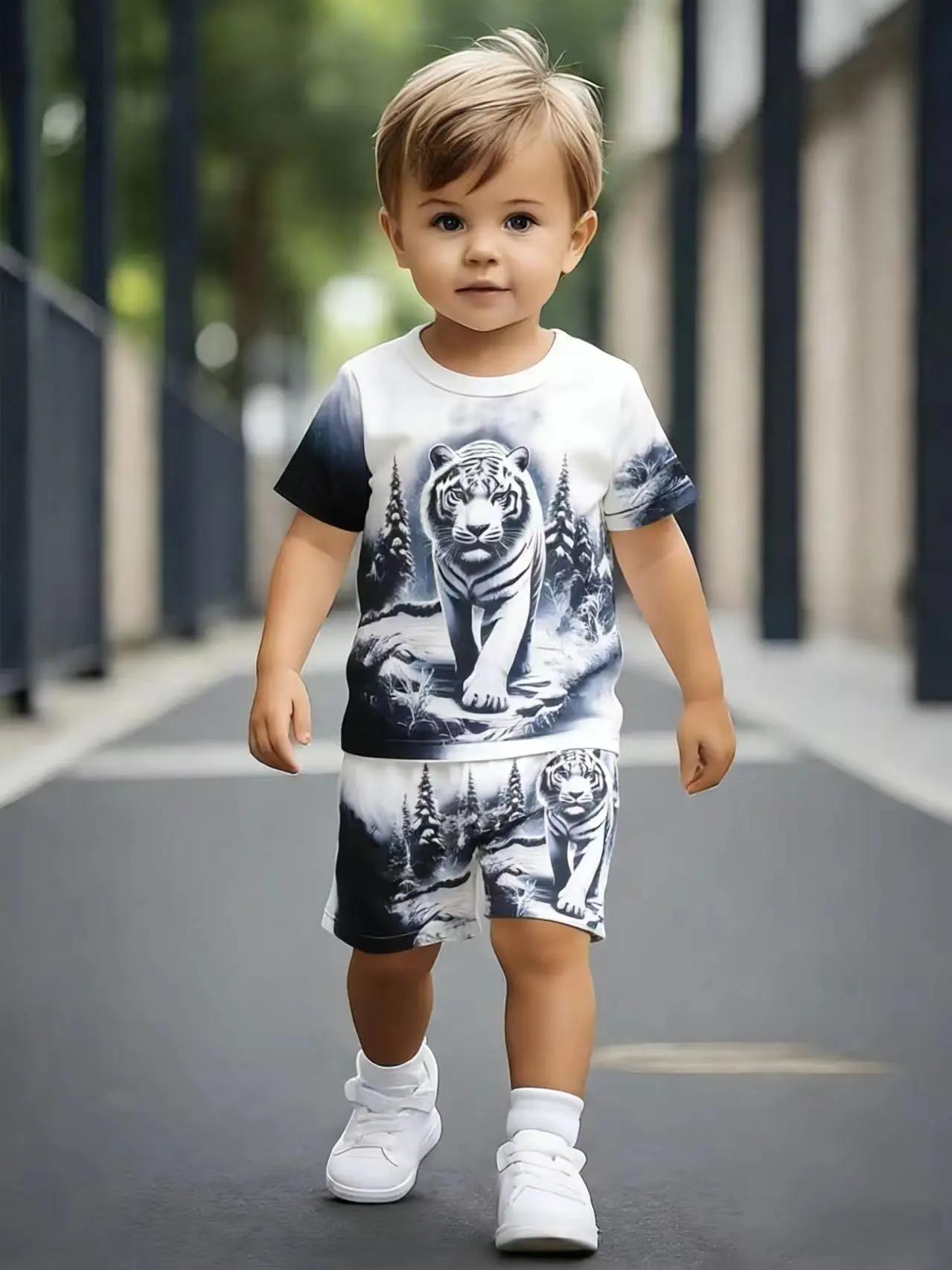 Summer New Arrival Boys Ink Wash Tiger All Over Print Short Sleeve Shorts Set