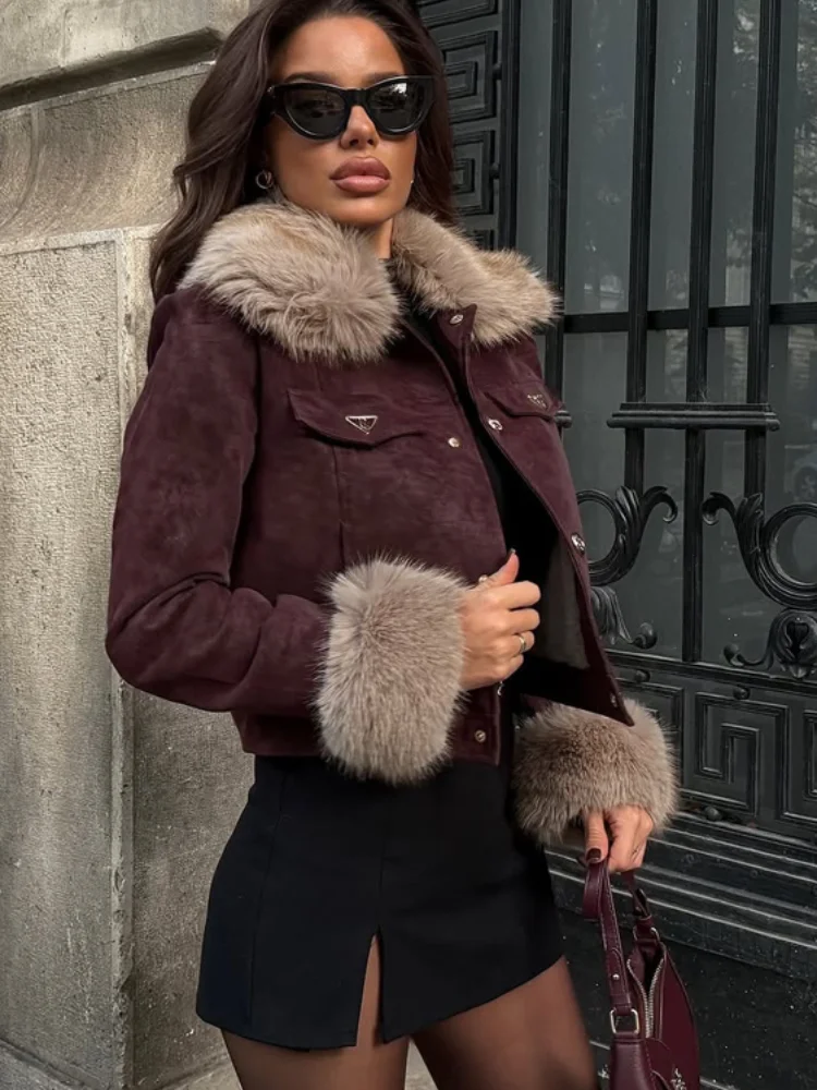 Women Female Dark Brown Suede Military Jacket High Neck Gold Button Faux Fur Cuff Cropped Slim Coats Winter New Hot Outerwear