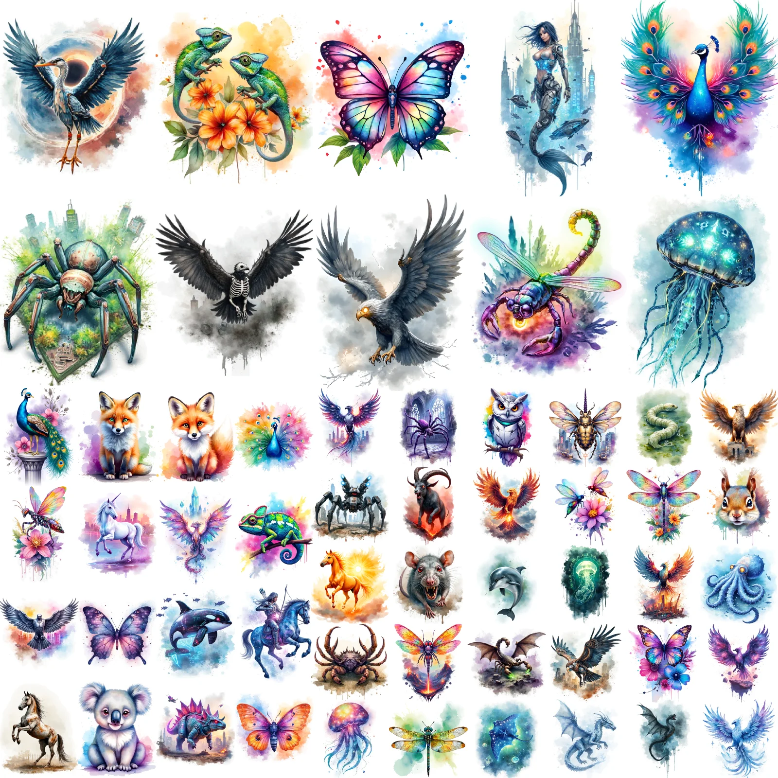 63pcs Colorful Animal Temporary Tattoos Waterproof Arm Legs Tattoos Sticker Tiger Butterfly Wolf Parrot Body Art Fake Tattoos