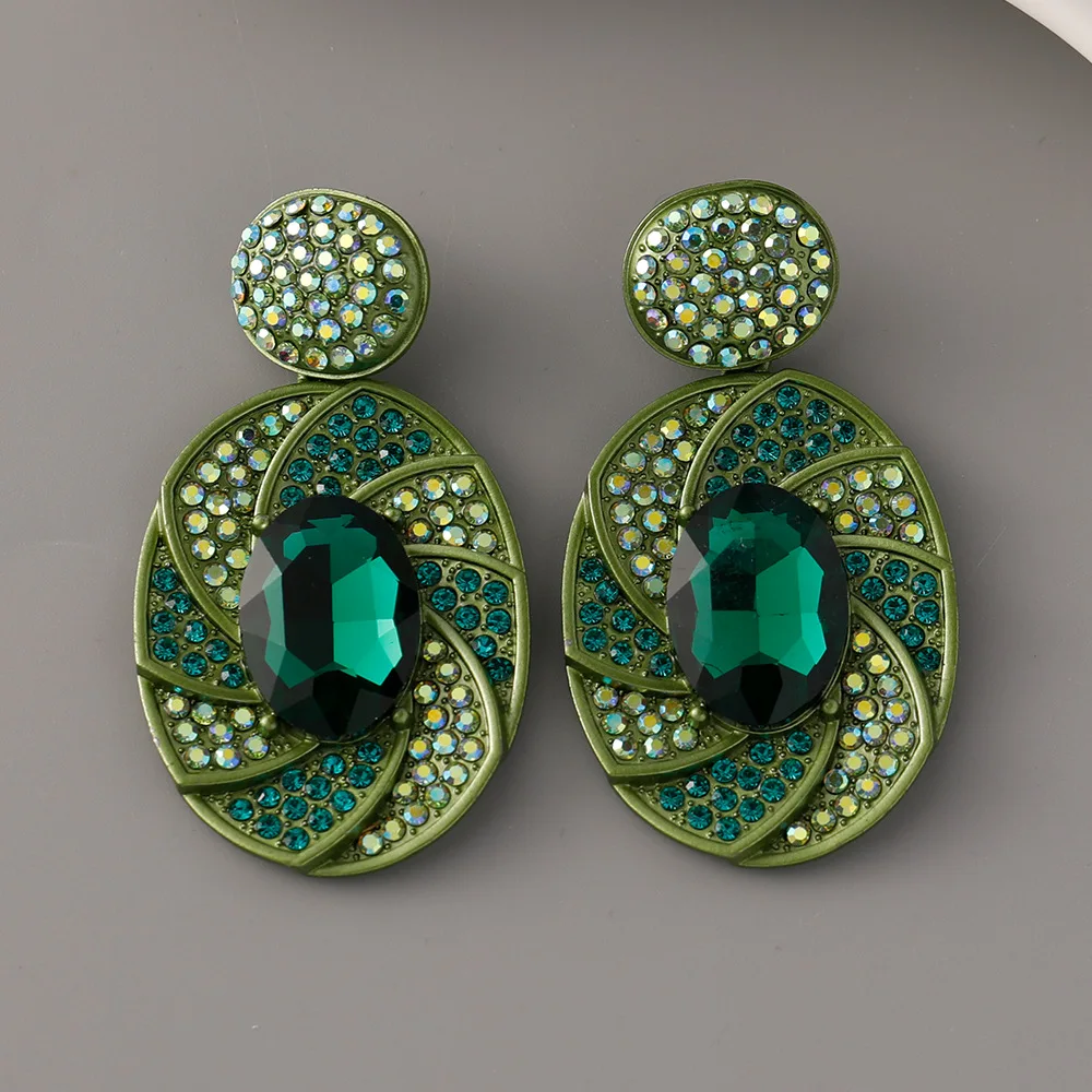 Luxury Oval Flower Full Rhinestones Statement Black Green Fuchsia Women Drop Earrings for Wedding Boho Jewelry