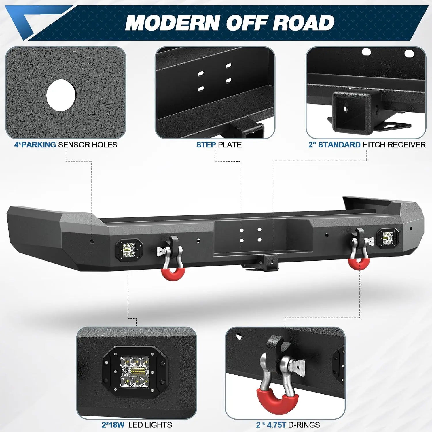 Rear Offroad Bumper for Toyota Land Cruiser LC76 76 Series 2007-2023 W/ LED Flush Mount Lights D-Rings 2 Inch Hitch Receiver