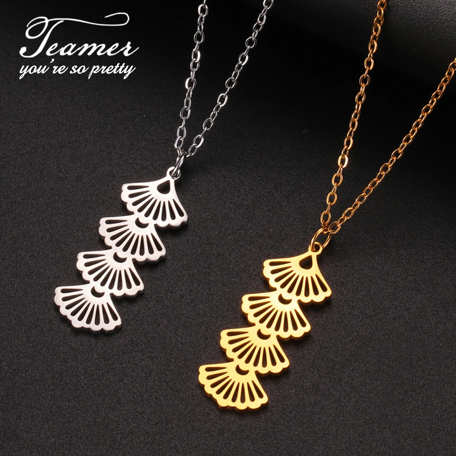 Teamer Ginkgo Biloba Leaves Stainless Steel Necklace Women Gold Color Pendant Neck Chain Wedding Jewelry Valentine's Day Gifts