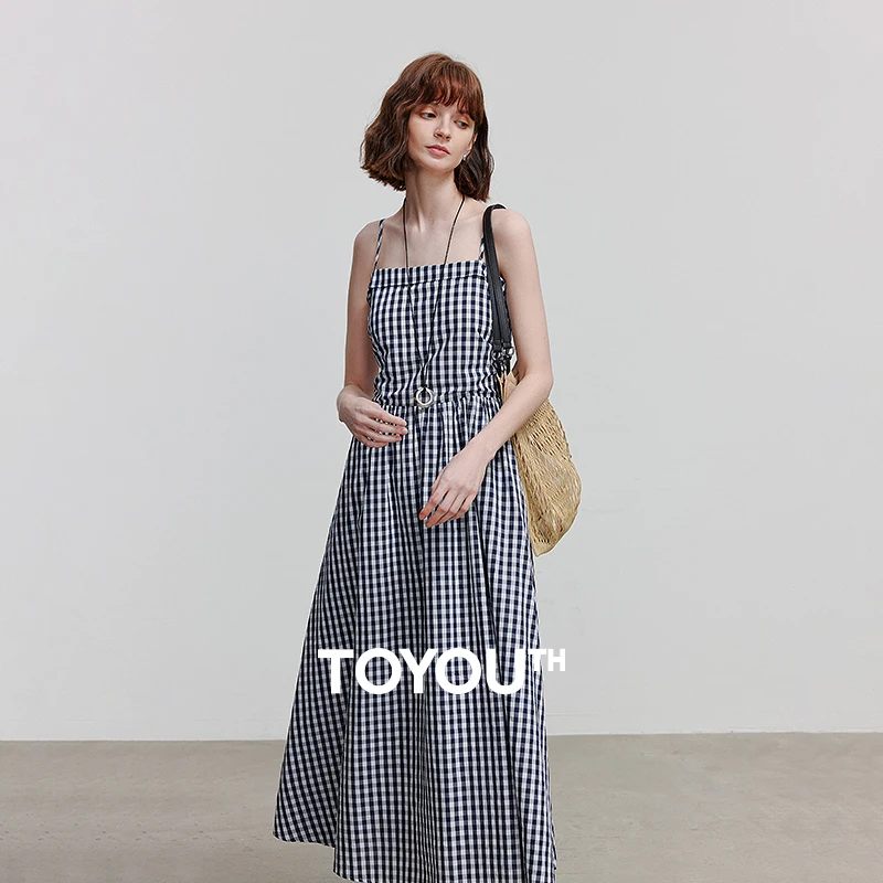 

TOYOUTH Women Dress 2025 Summer New Retro Plaid Strapless Waist Cinched A Line Suspender Dress 8529120