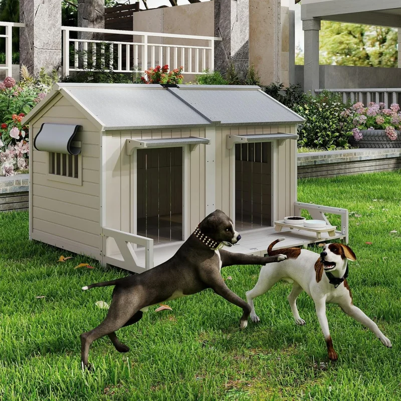 

59.4 L Fir Wood Dog House, Indoor & Outdoor Dual-use Kennel, Weatherproof Openable Asphalt Roof, Anti-Chewing Metal Edges,
