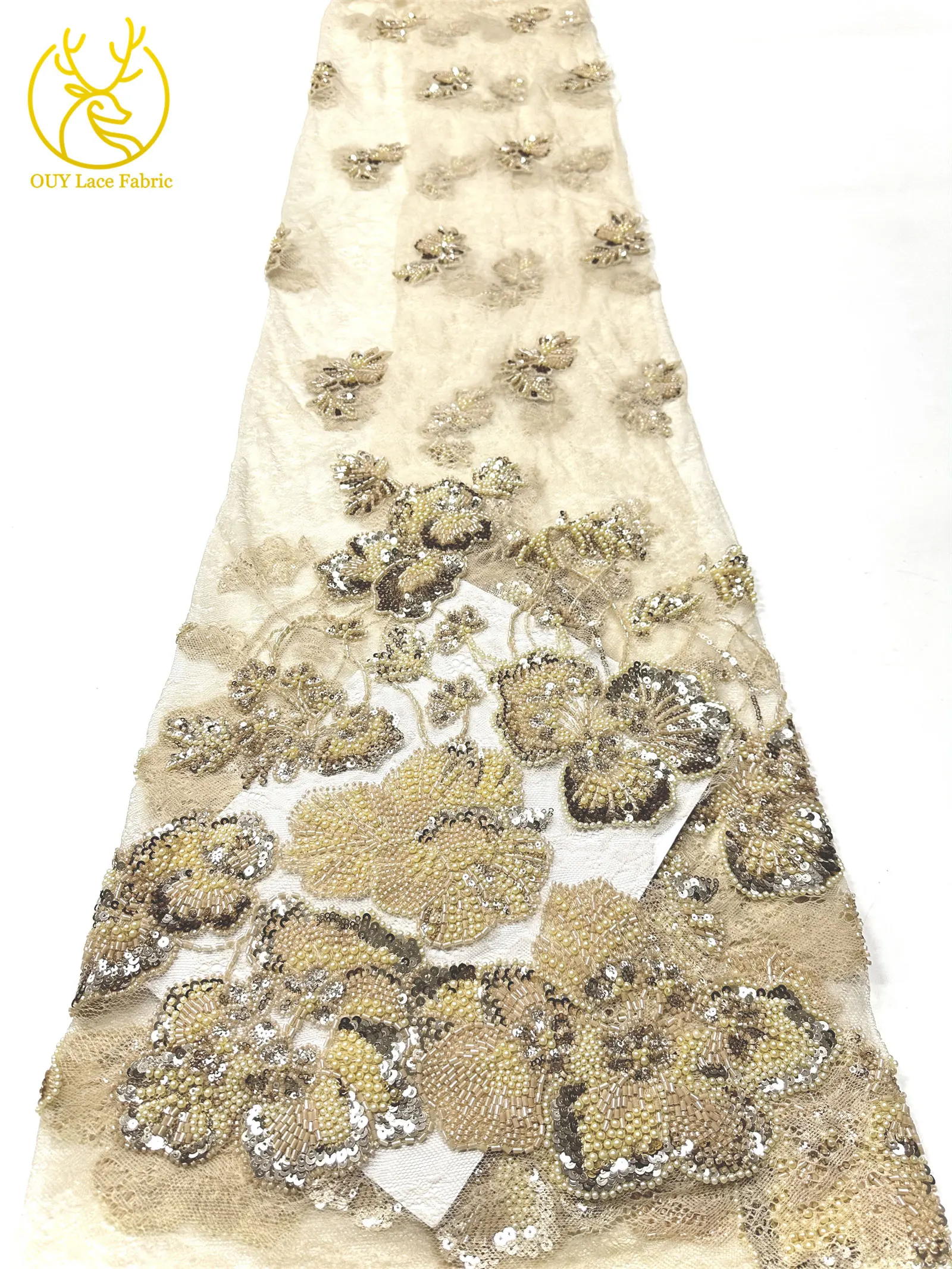 Afrikanischer Perlen-Spitzenstoff, 5 Yards luxuriöser nigerianischer französischer Pailletten-Spitzenstoff, ideal zum Nähen von Damen-Partykleidern – Detail 13