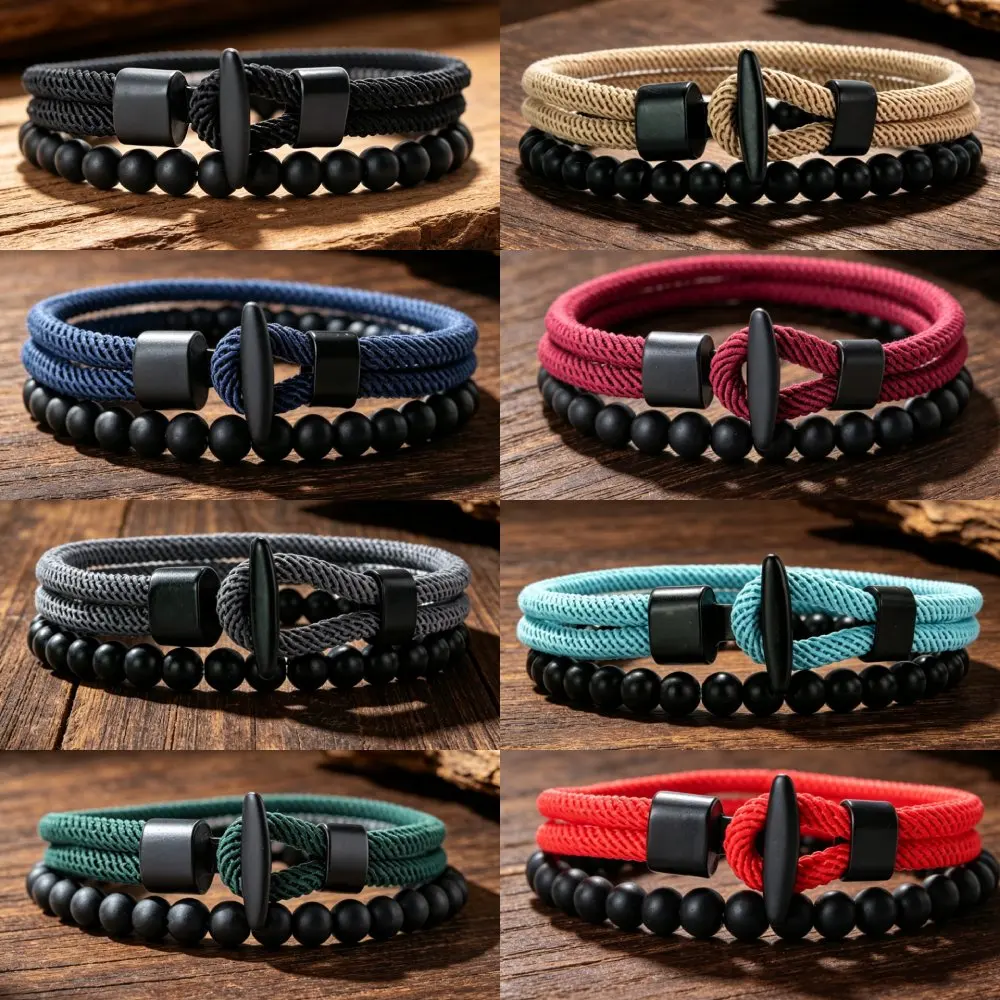 New 2Pcs Men Bracelet Set Premium Selected 4mm Cord Multiple Colors And Sizes Available Casual Street Versatile Wrist Accessory