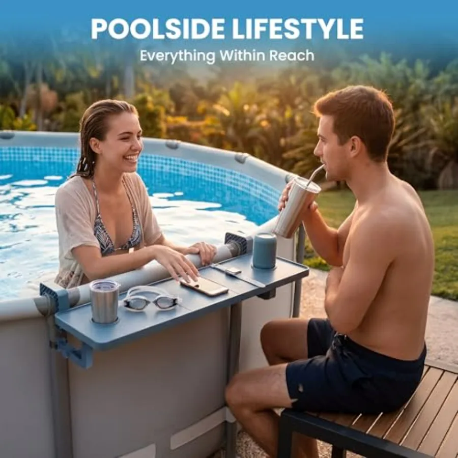 Poolside Bar for Above-Ground Round Pool, Polyethylene, Teal, Adjustable 40.5in Length with Integrated Drink Holder