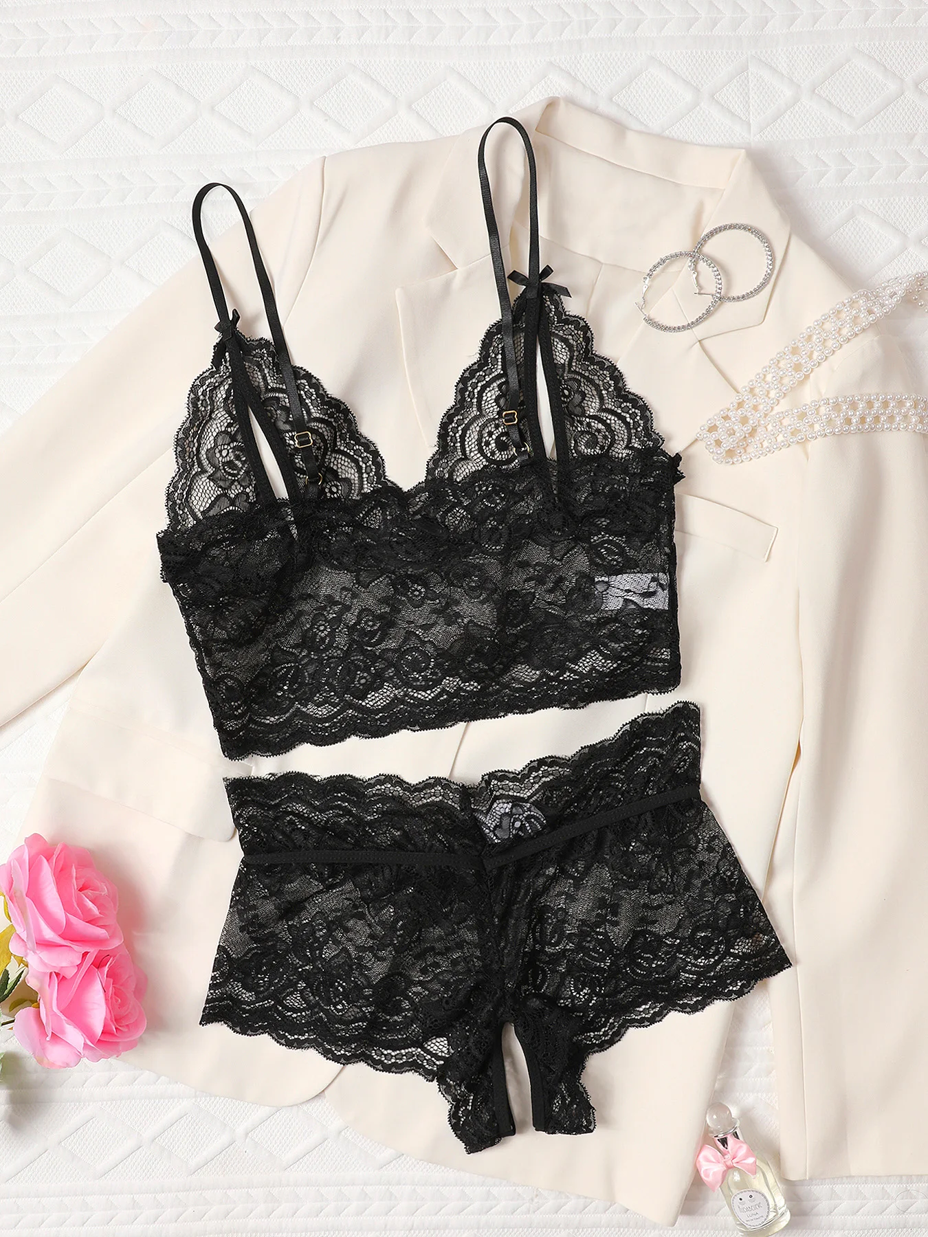 Open Bra 2 Pcs Women Lace See-Through Pajama Black Cute Clothes Comfortable Breathable Suspender Shorts Bra And Brief Set Hollow
