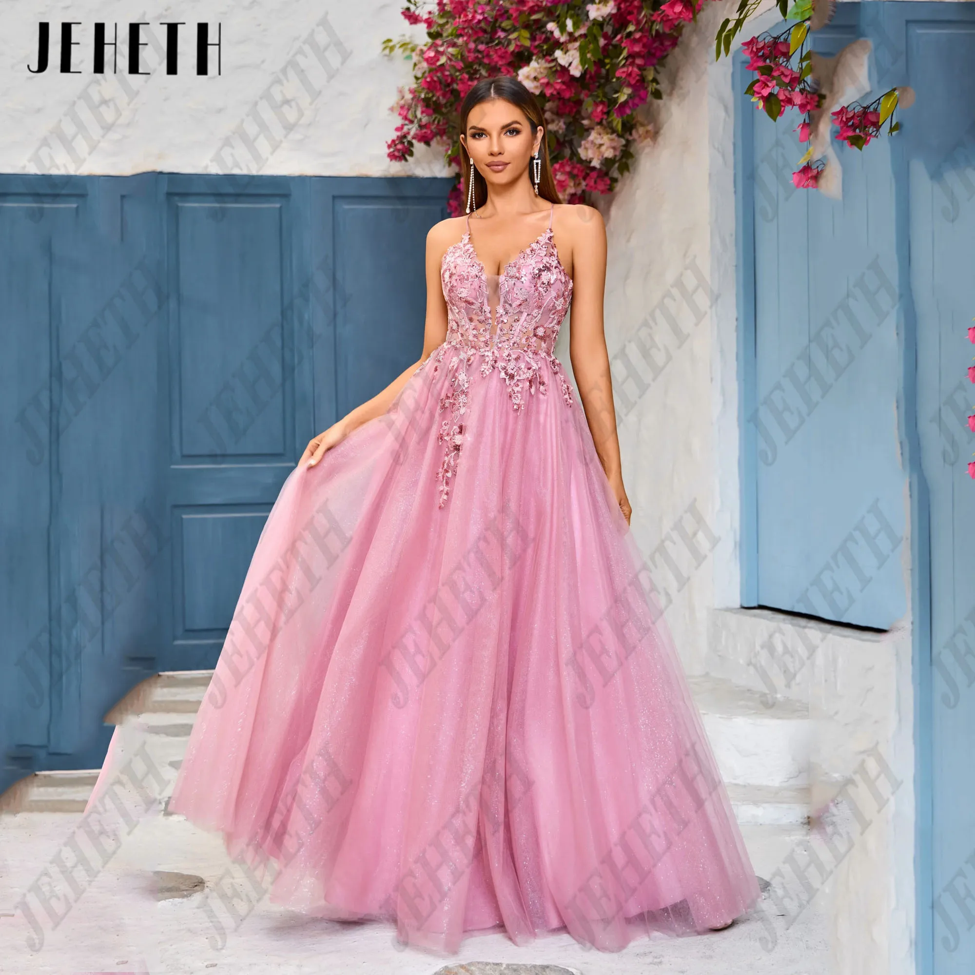 JEHETH Backless Straps Prom Gowns 2025 V-Neck Applique Sleeveless Formal Occasion Dresses Pastrol A-Line Party Dress Customized