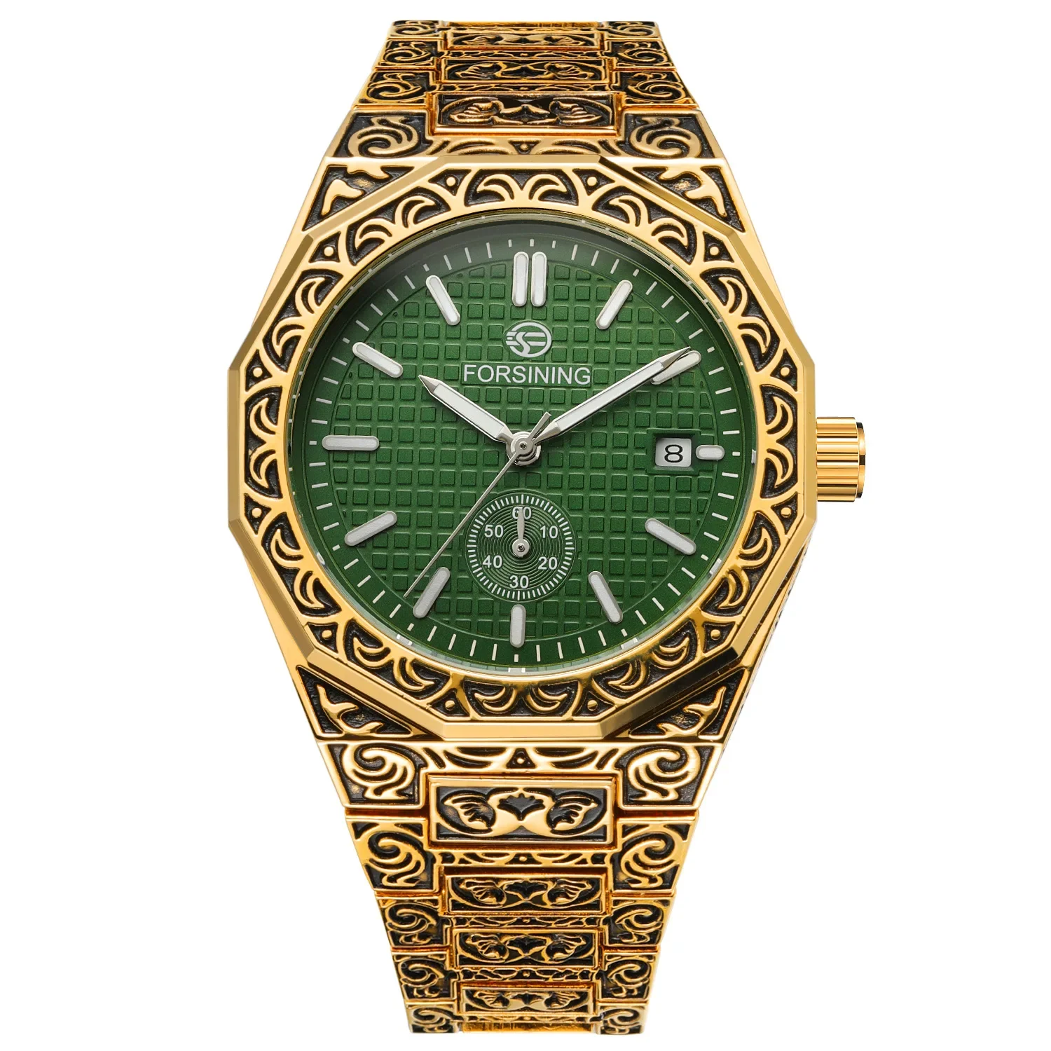 Men's Vintage Automatic Watch Textured Raised Dial Stainless Steel Band Classic Mechanical Dress Watch for Daily Wear