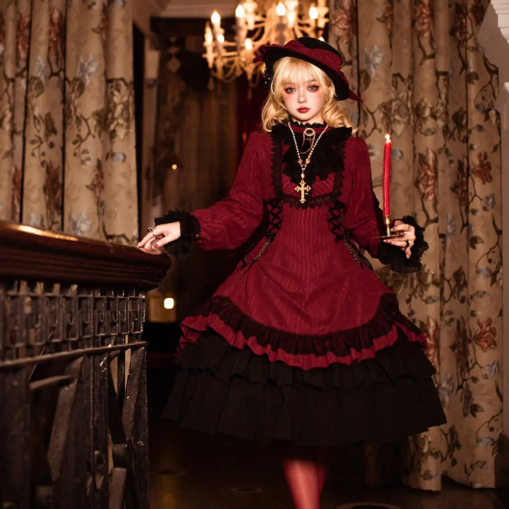 Gothic Lolita long-sleeved Stand-up Collar dress Poynter Manor Vintage striped Elegant Lolita OP dress