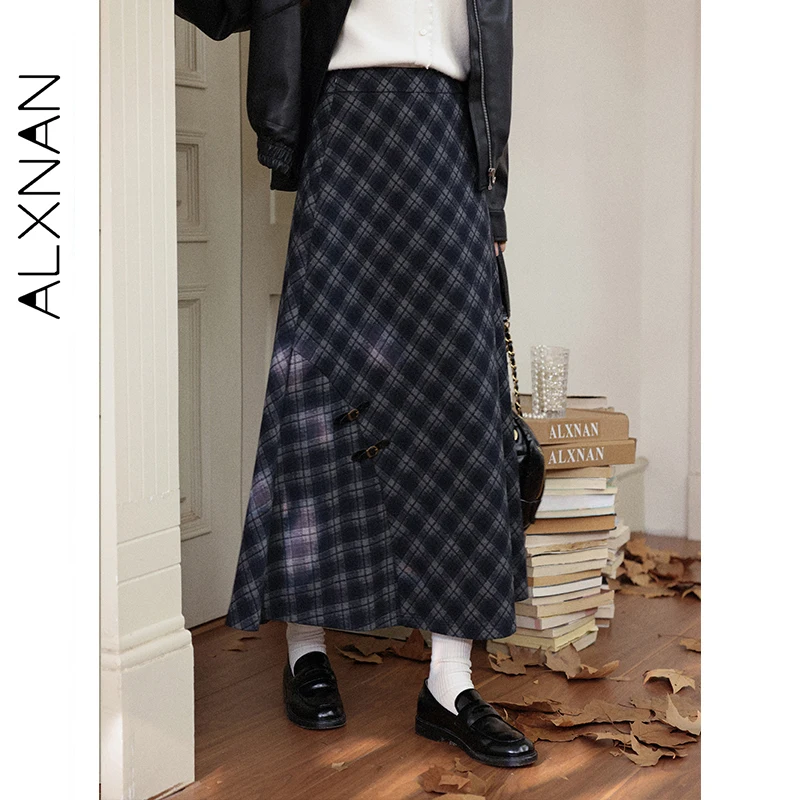ALXNAN jupe à carreaux automne hiver rétro boutons en métal grand ourlet taille haute jupes élégance doux polyvalent vêtements pour femmes L58628