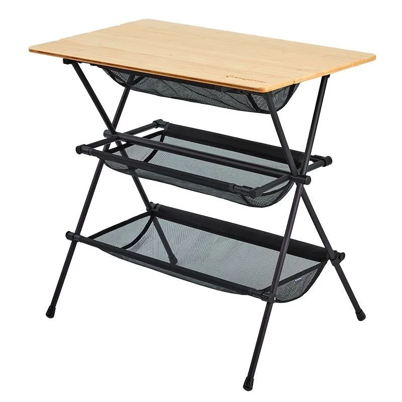 

Folding Picnic Portable three-layer storage Bamboo Camping table Household storage table