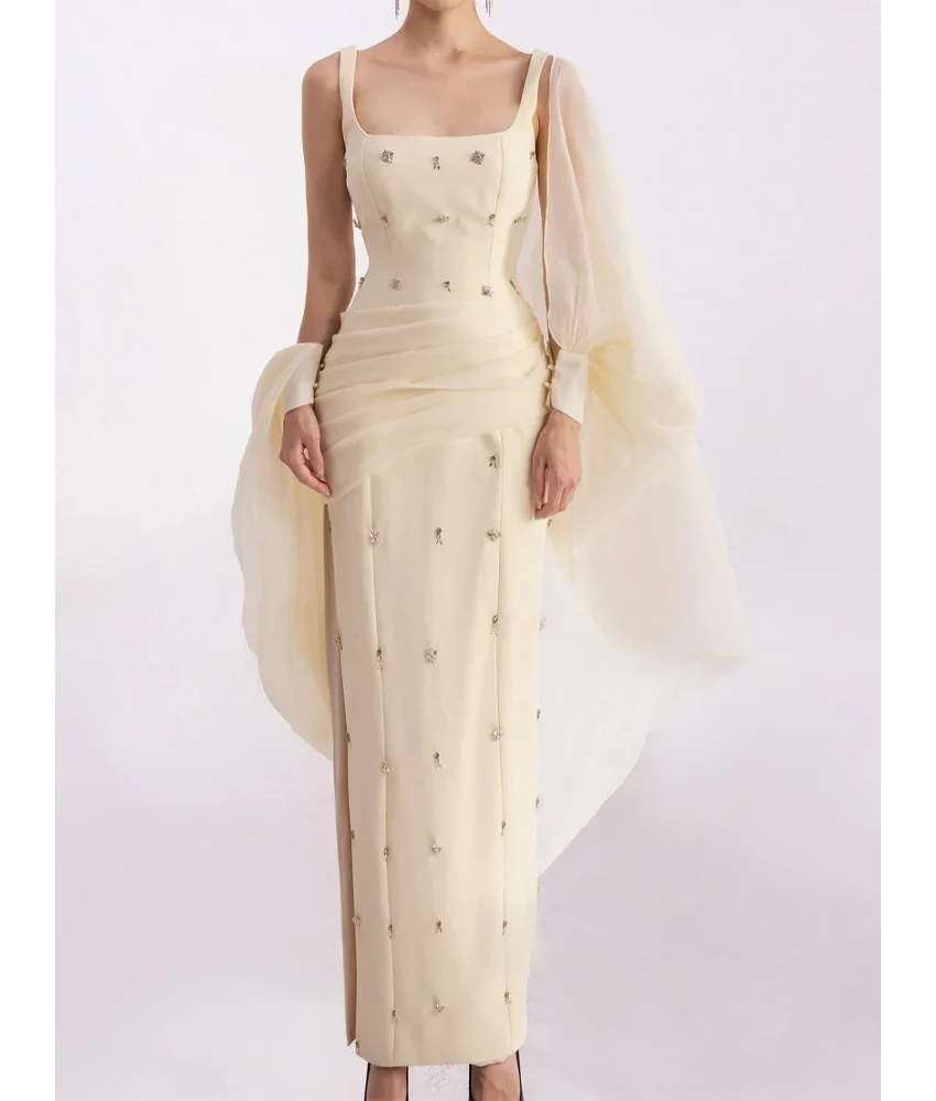 

Customized Exquisite Jersey Straight shawl Crystal Evening Dress High Quality Sleeveless Square Neck Ankle Length prom dresses