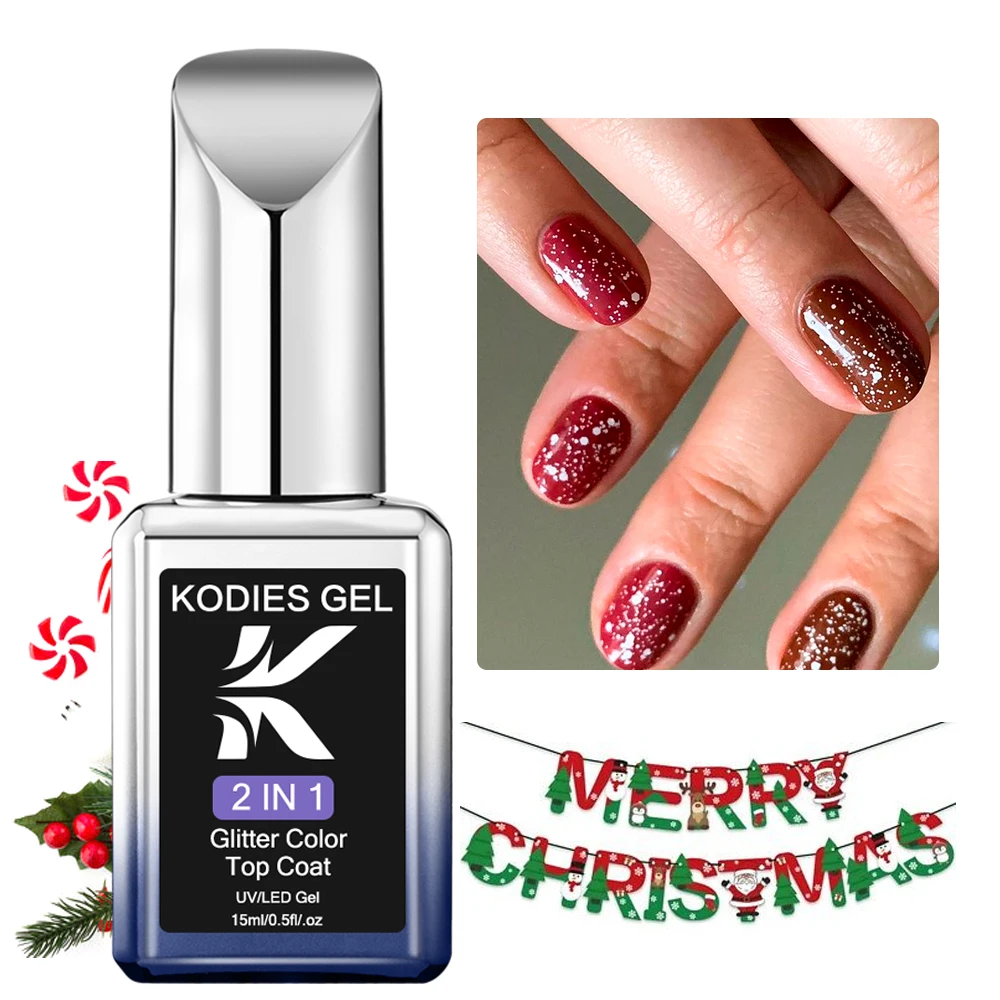 Kodies Gel Winter Gel Nagellak Witte Sneeuwvlok Glitter Top Coat Uv Gel Lak Geen Veeg 15Ml Semi Permanente Kerst Gellak