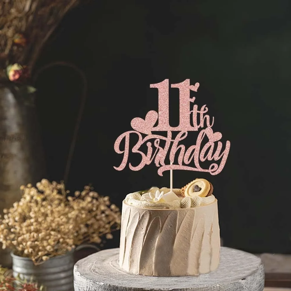 Roségoldener Tortenaufsatz zum 11. Geburtstag – glitzernde Roségold-Kuchendekoration zum 11. Geburtstag, eleganter Tortenaufsatz zum Kindergeburtstag – Detail 6