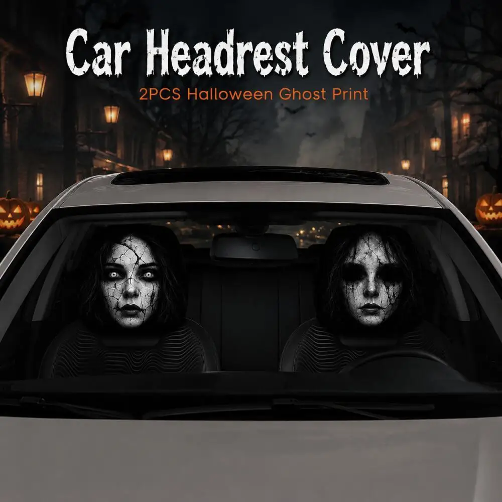 2Pcs Halloween Cracked Ghost Face Car Headrest Covers 2 Different Designs 2D Printed Elastic Prank Headrest Interior Decor